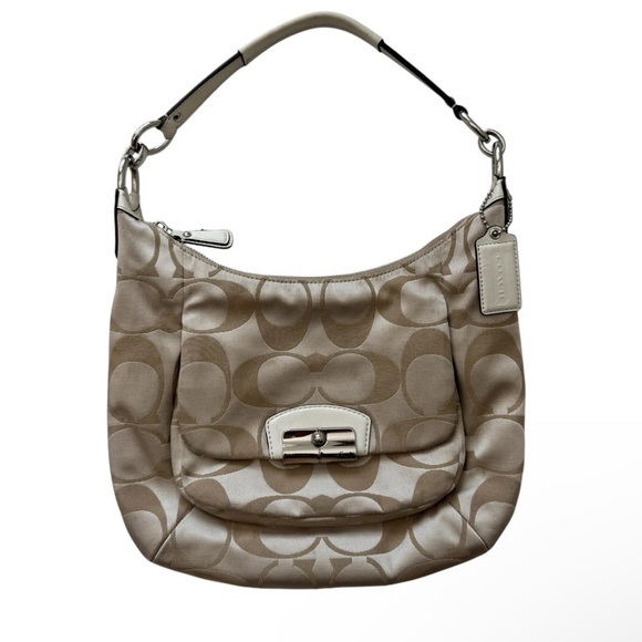 COACH KRISTIN CHAMPAGNE SIGNATURE C SATEEN CREAM LEATHER LARGE HOBO COACH F16781 - Picture 15 of 16